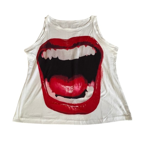 Tops - Vampire Lips Fangs Graphic Tank Top White Sleeveless Large Halloween Gothic